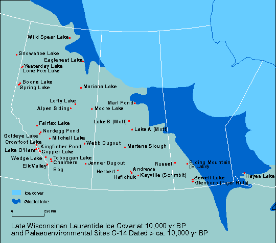 Palaeoenvironmental sites >10K in the Prairie Provinces